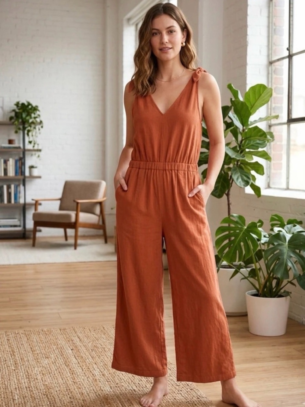 Lush Living Tie-Shoulder Wide-Leg Jumpsuit in Rust With Pockets size XS